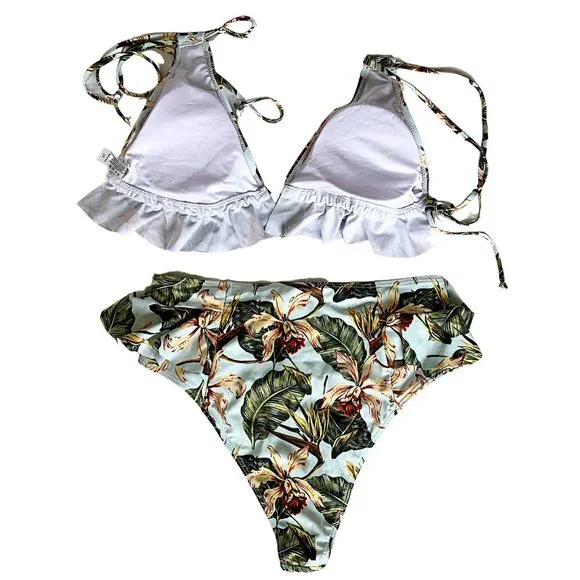 Tropical Palm High Waisted Ruffle Bikini Set - Picture 7 of 10